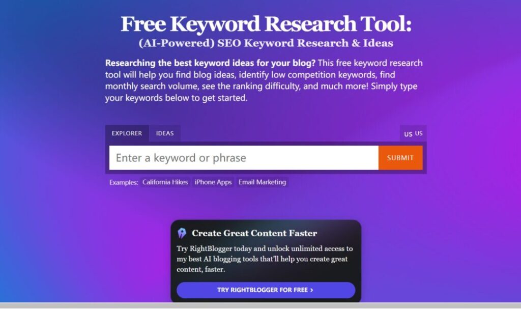 Ryan Robinson's Free Keyword Research Tool