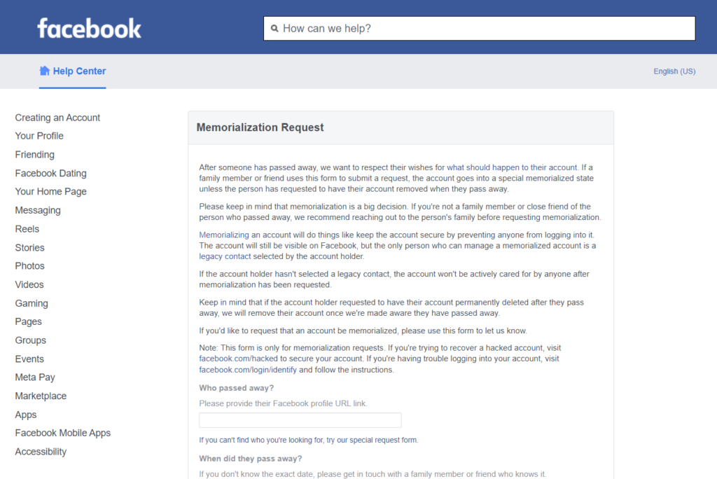 Delete or Memorialize a Facebook Account for Others